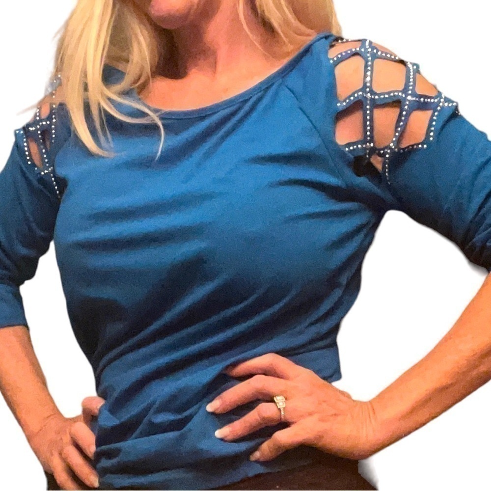 SEXY deep turquoise blue top with cut out shoulders with rivets as sequins